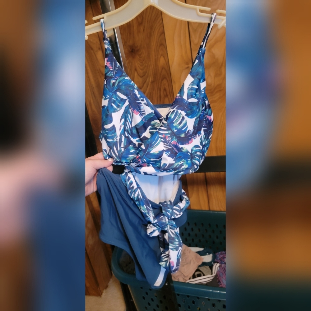 Amazon one piece swimsuit. Green and floral. Wrap around.